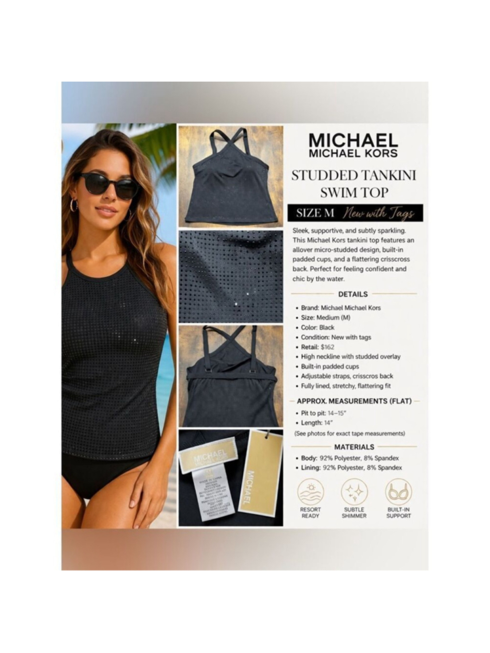 ✨ Michael Michael Kors Black Studded Tankini Swim Top Size M NWT Luxe Swimwear ✨ - Picture 2 of 13